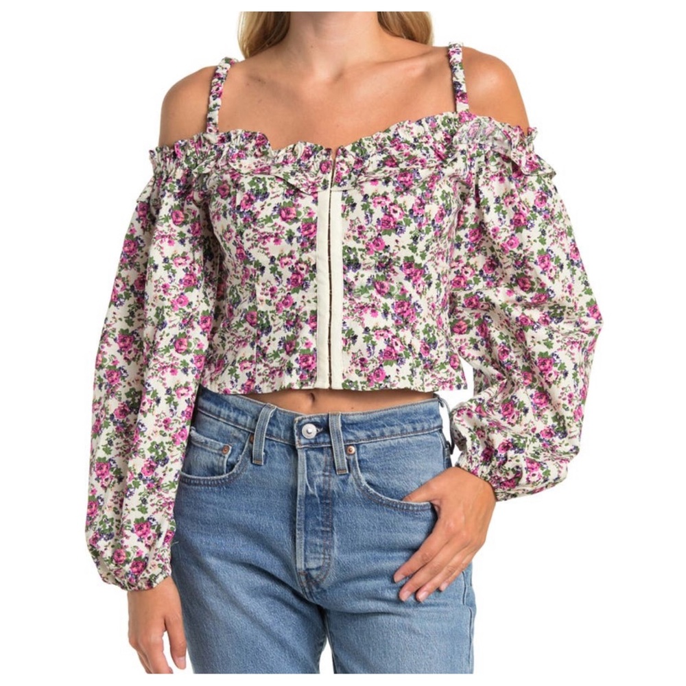 ASTR The Label Purple Fuchsia Ditsy Floral Ruffle Off The Shoulder Top Small NEW